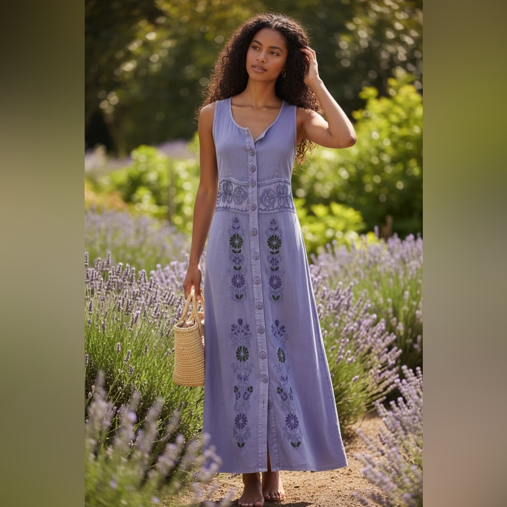The Pyramid Collection Lilac Embroidered Button-Front Maxi Dress